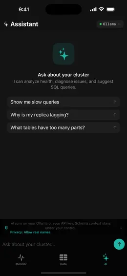 ProbeDeck AI assistant on iPhone connected to a local Ollama, suggesting cluster questions about slow queries, replica lag and too many parts