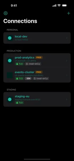 ProbeDeck connections list on iPhone grouped by environment, with PROD badges and TLS, SSH and read-only markers per connection