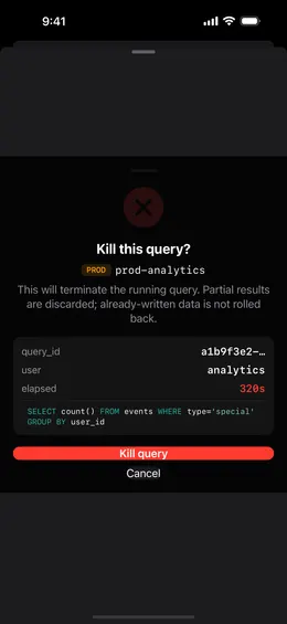 ProbeDeck kill-query confirmation sheet on iPhone showing a PROD badge, the query_id, user, elapsed time and the SQL about to be terminated