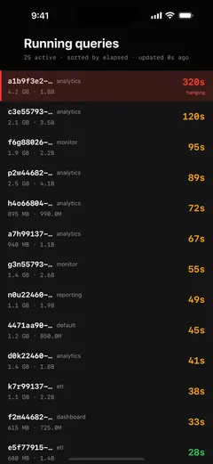 ProbeDeck reading ClickHouse system.processes on iPhone with query_id, user, memory and elapsed time colour-graded from green to red