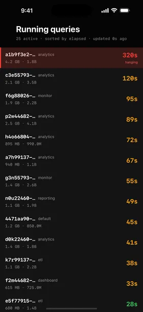 ProbeDeck running queries list on iPhone reading system.processes, with query_id, user, memory and elapsed time colour-graded from green to red