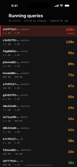 ProbeDeck running queries list on iPhone reading system.processes, with query_id, user, memory and elapsed time colour-graded from green to red