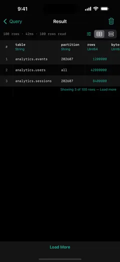 ProbeDeck SQL result on iPhone showing a bounded table of rows with column types, row count and query duration