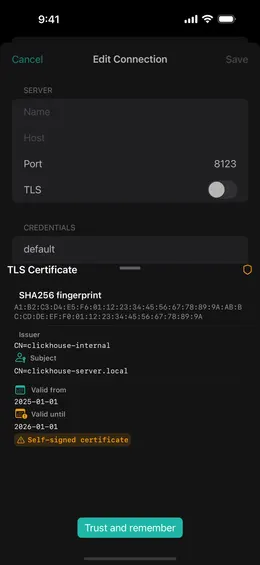 ProbeDeck TLS certificate sheet on iPhone showing the SHA256 fingerprint, issuer, subject, validity dates and a self-signed warning before you trust it